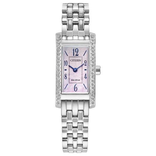 The CITIZEN Petite Palidoro Eco-Drive 28.3mm Watch boasts a rectangular silver case, white mother-of-pearl dial with blue hands and numerals, crystal-accented sides, and a sleek metal link band—an elegant women’s dress watch.
