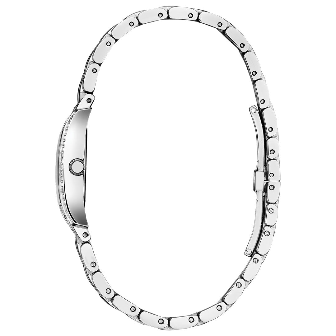 A side view of the CITIZEN Petite Palidoro Eco-Drive 28.3mm women’s watch shows its slim silver case, metal link band, and closed clasp, highlighting CITIZEN’s battery-free Eco-Drive technology for effortless timekeeping.