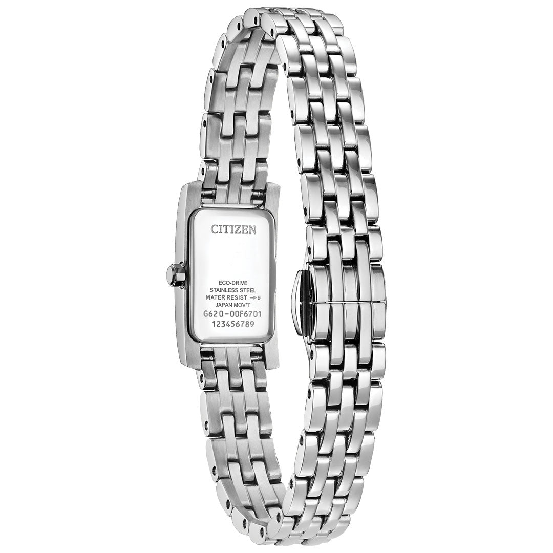 A CITIZEN Petite Palidoro Eco-Drive 28.3mm women’s watch in silver, featuring a rectangular face and linked stainless steel band, shown from the back to display engraved model details, material info, water resistance, and Eco-Drive technology.