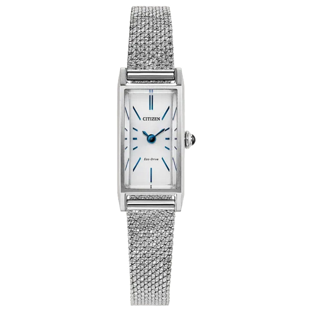 The CITIZEN Fio Eco-Drive 14.3mm Watch features a silver-tone case, rectangular white dial with blue hour markers and hands, and a textured stainless steel bracelet.