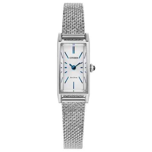 The CITIZEN Fio Eco-Drive 14.3mm Watch features a silver-tone case, rectangular white dial with blue hour markers and hands, and a textured stainless steel bracelet.