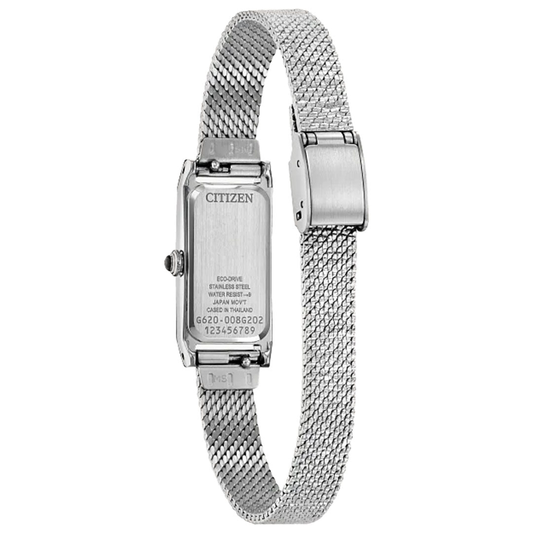 A CITIZEN Fio Eco-Drive 14.3mm watch is displayed from the back, showing its silver stainless steel mesh band and engraved case with model and serial details.
