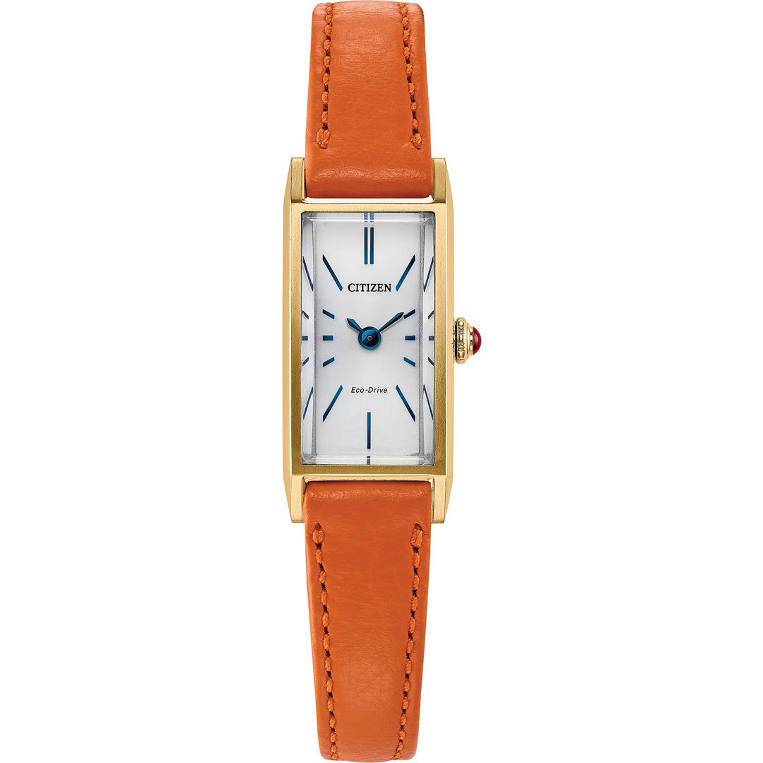 The CITIZEN Fio Eco-Drive 14.3mm Watch features a rectangular yellow gold-tone stainless steel case, white dial with slim blue markers, an orange leather strap, and a crown with a bold red accent.