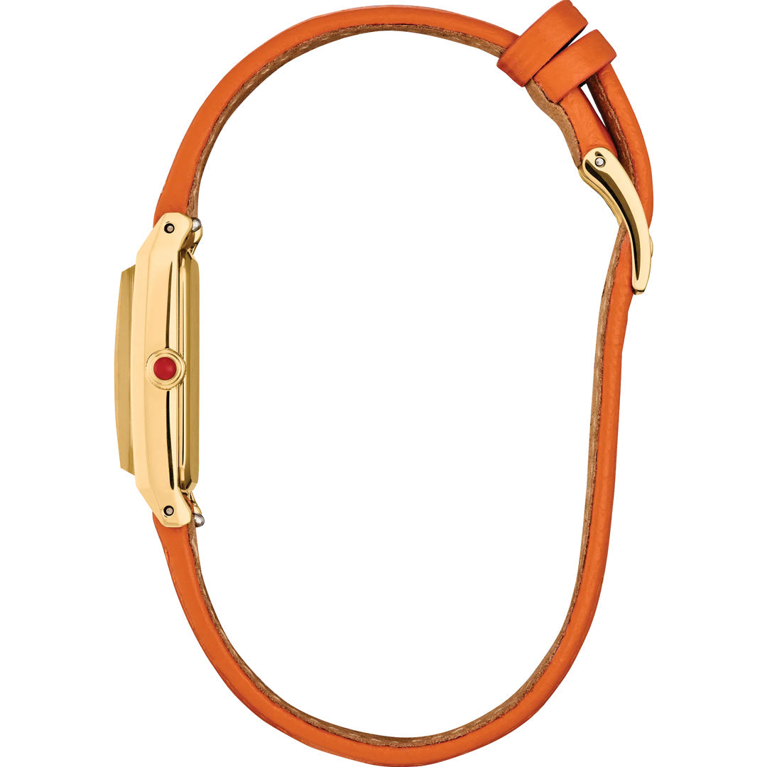 Side view of the CITIZEN Fio Eco-Drive 14.3mm Watch by CITIZEN, with a yellow gold-tone stainless steel case, round red crown accent, orange leather strap, and gold buckle, shown on a white background.