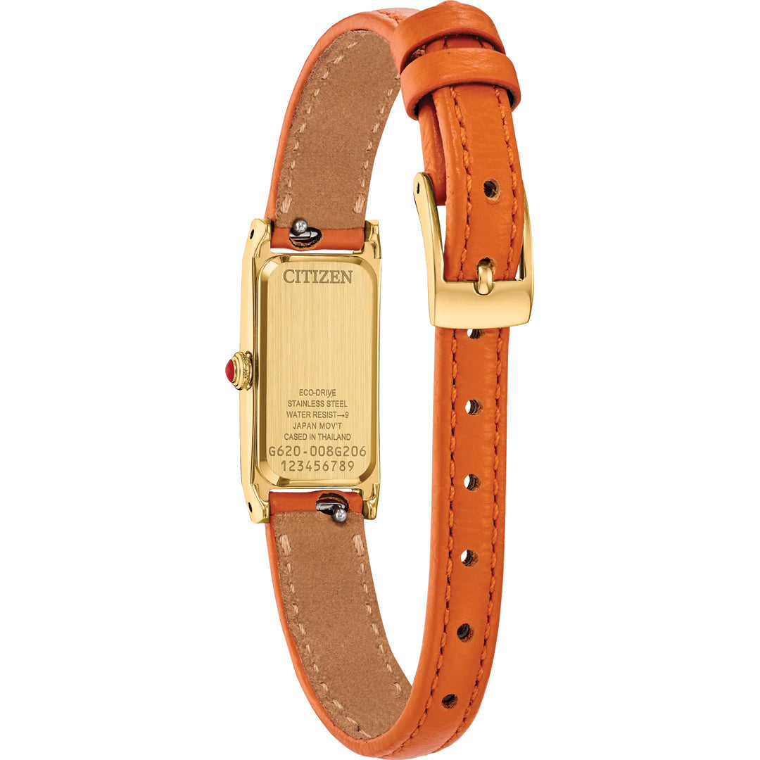 The CITIZEN Fio Eco-Drive 14.3mm Watch features a yellow gold-tone stainless steel case, orange leather strap, engraved specifications on the back, and a small crown with a red accent.