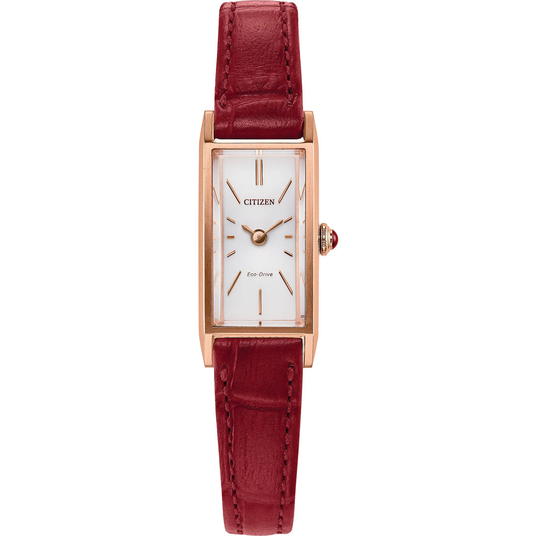 The CITIZEN Fio Eco-Drive 14.3mm Watch features a rectangular rose gold-tone case, white face with minimal hour markers, red leather strap, and a crown with a red accent, offering a simple, elegant design.