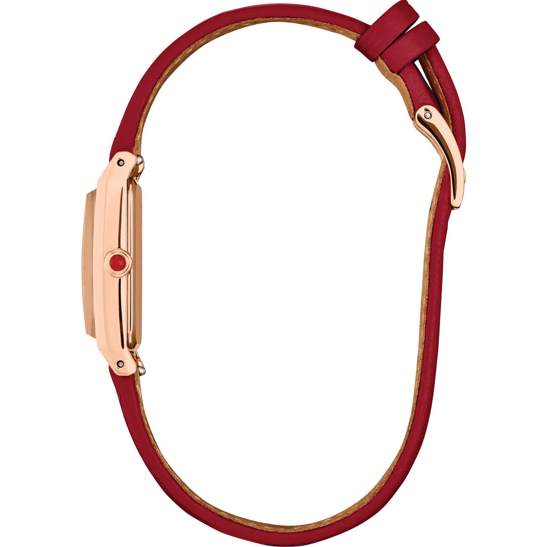 Side view of the CITIZEN Fio Eco-Drive 14.3mm Watch in rose gold-tone with a looped red leather strap and red-accented crown, against a white background. Elegant design by CITIZEN.
