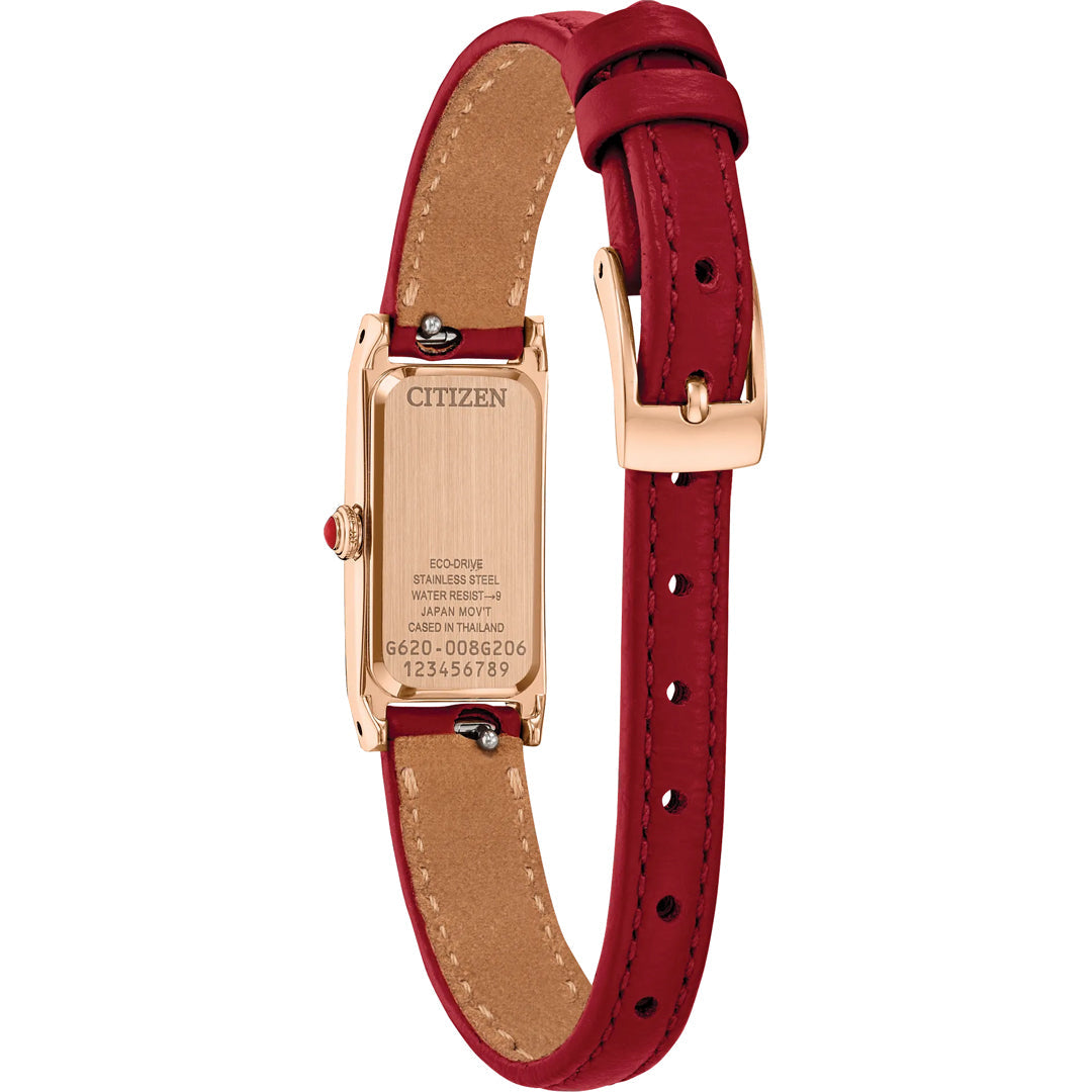 The CITIZEN Fio Eco-Drive 14.3mm Watch by CITIZEN features a rectangular gold case, red crown, and red leather strap, shown from the back to display engraved details and a gold buckle.