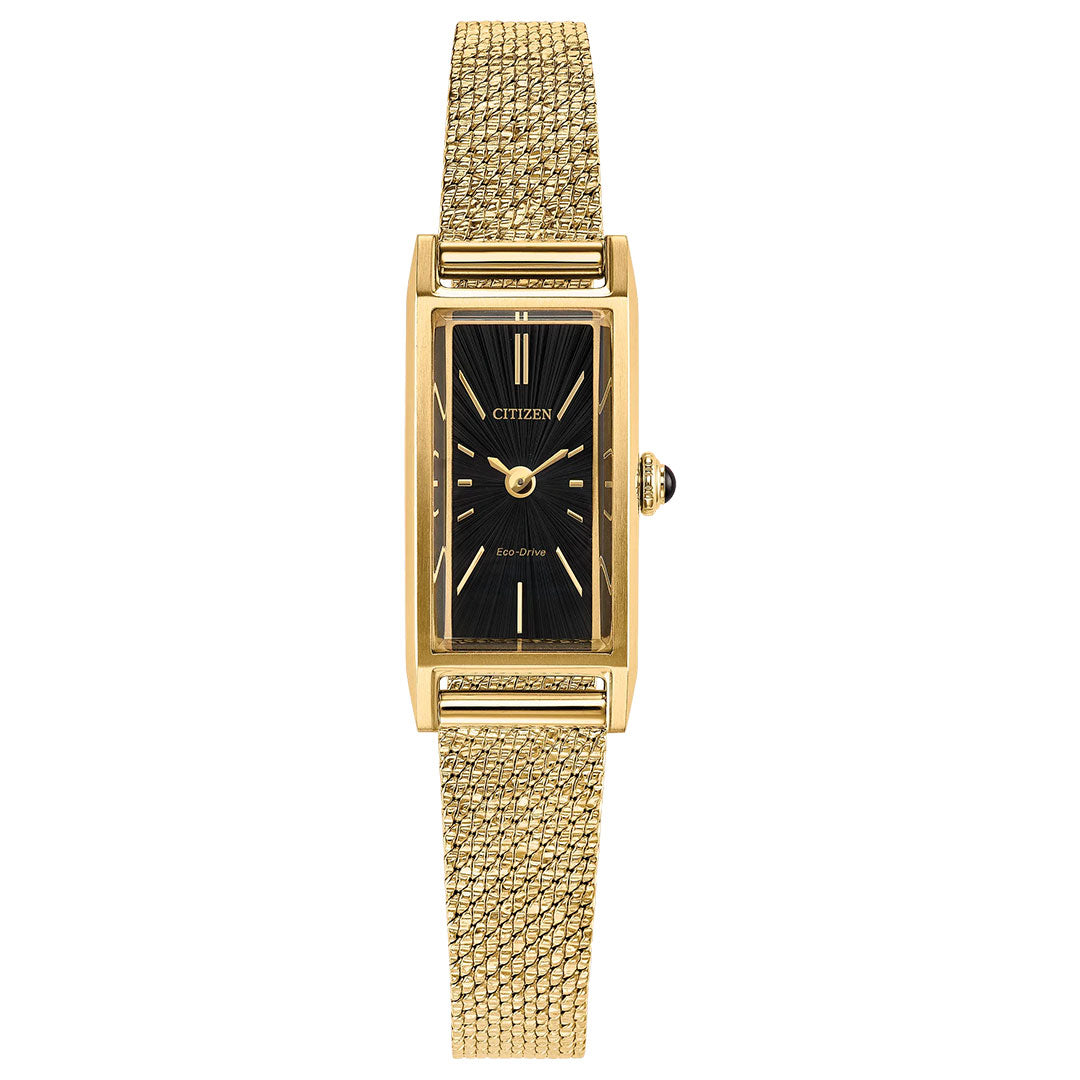 The CITIZEN Fio Eco-Drive 14.3mm Watch features a rectangular yellow gold-tone case, black face with gold hour markers, and a gold mesh band, shown on a white background.