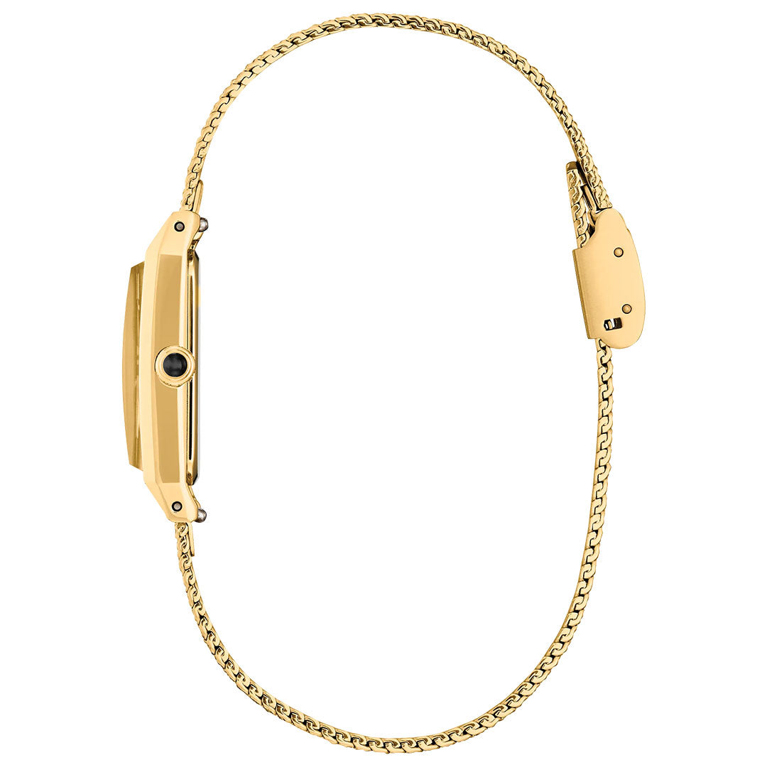 The CITIZEN Fio Eco-Drive 14.3mm Watch by CITIZEN features a slim yellow gold-tone case with a black crown, shown from the side and attached to a delicate gold chain bracelet with clasp; the watch face is not visible.
