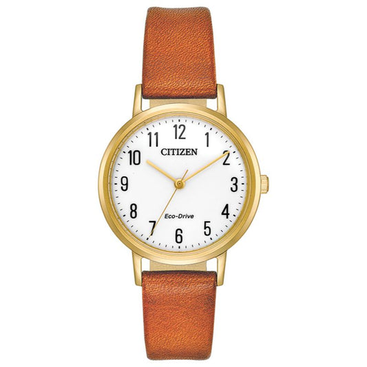 The CITIZEN Chandler Eco-Drive 30mm Watch showcases a gold-tone stainless steel design with a white dial featuring black Arabic numerals. It is complemented by a caramel brown leather strap, embodying a simple and classic style.