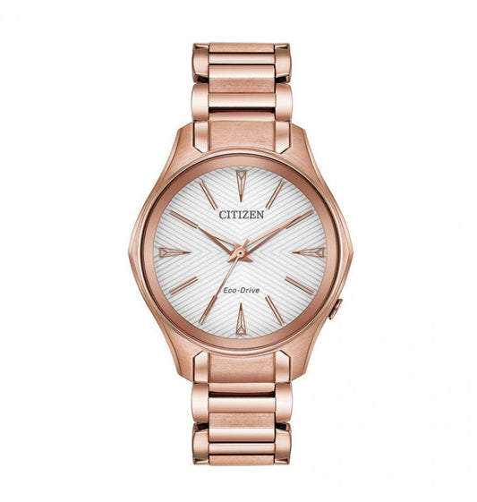 The CITIZEN Modena Eco-Drive 36mm Watch by CITIZEN showcases a pink gold-tone design with a white textured dial, minimalist hour markers, and a metal link bracelet featuring a stainless steel case.