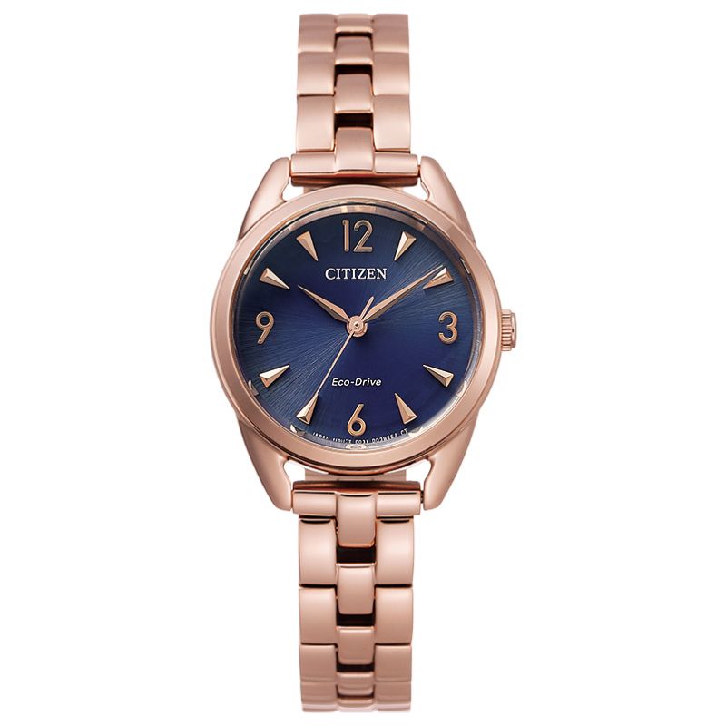 The CITIZEN Weekender Eco-Drive 27mm Watch in rose gold showcases a royal blue dial with silver hour markers and hands. It features an elegant linked bracelet design and prominently displays the "Eco-Drive" logo, emphasizing its advanced Eco-Drive technology.