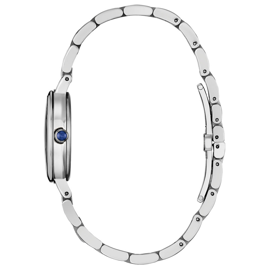 Side view of the CITIZEN L Classic Eco-Drive 27.7mm silver women's watch with a linked metal band, round blue gem set in the crown, and open clasp, highlighting this elegant CITIZEN timepiece.