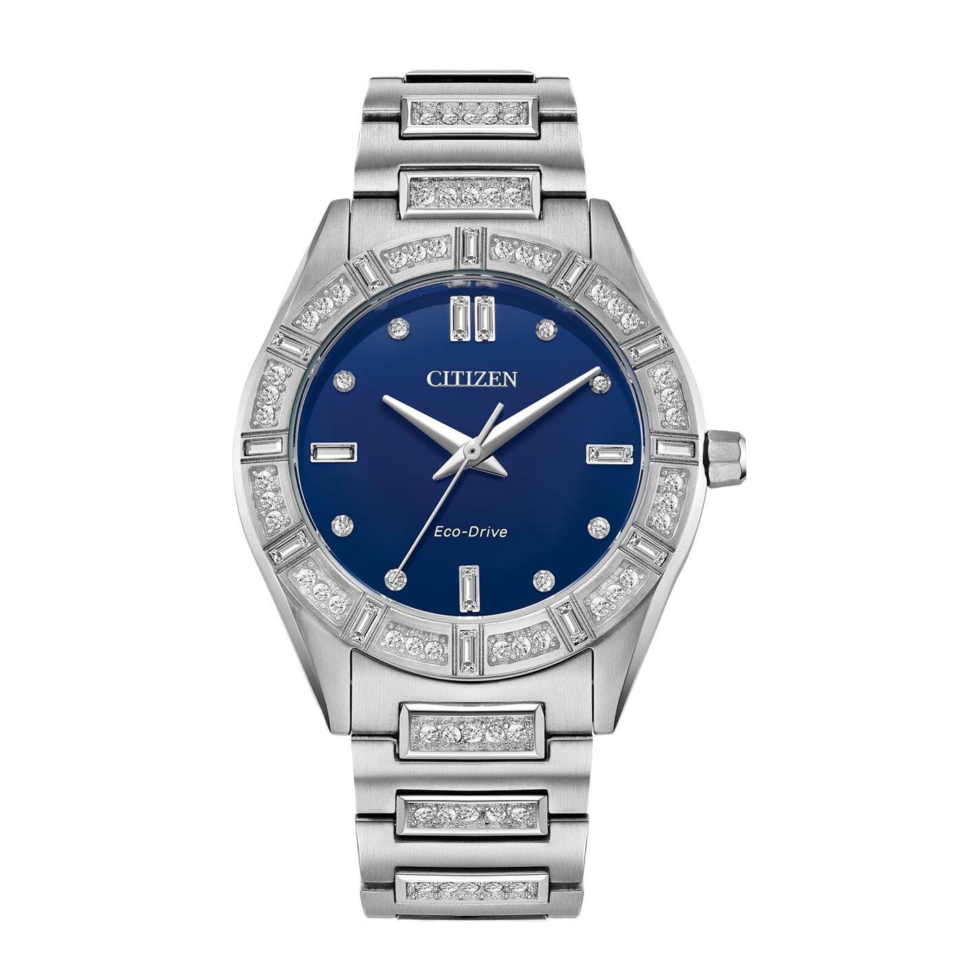 The CITIZEN Silhouette Crystal Eco-Drive 34mm Watch is an elegant ladies' timepiece featuring Eco-Drive technology, with a stainless steel case and band adorned with sparkling gemstones. It showcases a blue dial accented by silver hour markers and hands.