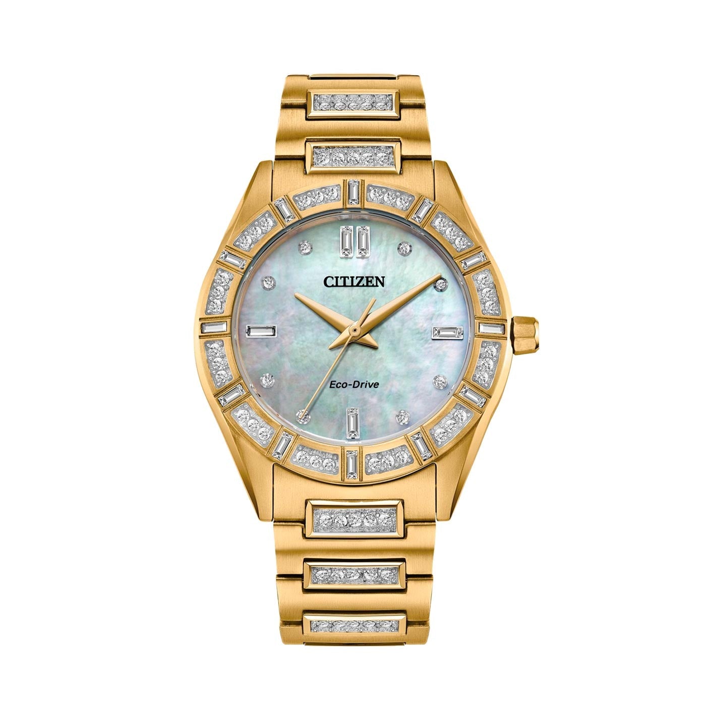 Experience the sophistication of the CITIZEN Silhouette Crystal Eco-Drive 34mm watch. This elegant timepiece from CITIZEN is embellished with diamond accents and features a mother-of-pearl face, crystal hour markers, and a gold strap. The dial, adorned with three hands and the iconic 'CITIZEN' logo, exudes timeless elegance.