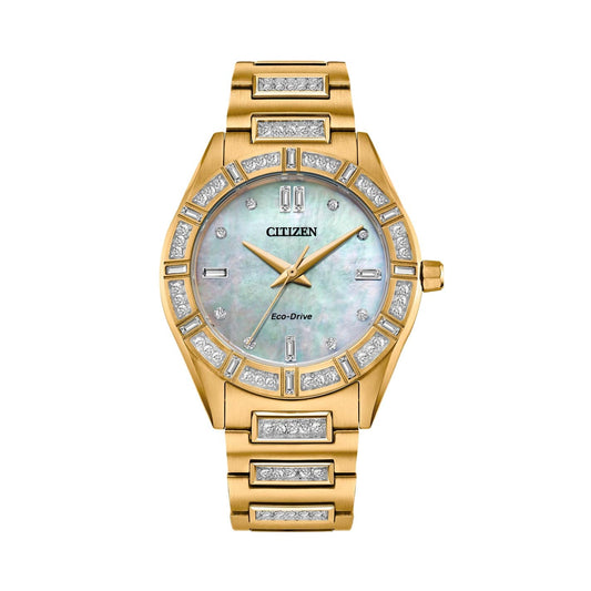 Experience the sophistication of the CITIZEN Silhouette Crystal Eco-Drive 34mm watch. This elegant timepiece from CITIZEN is embellished with diamond accents and features a mother-of-pearl face, crystal hour markers, and a gold strap. The dial, adorned with three hands and the iconic 'CITIZEN' logo, exudes timeless elegance.