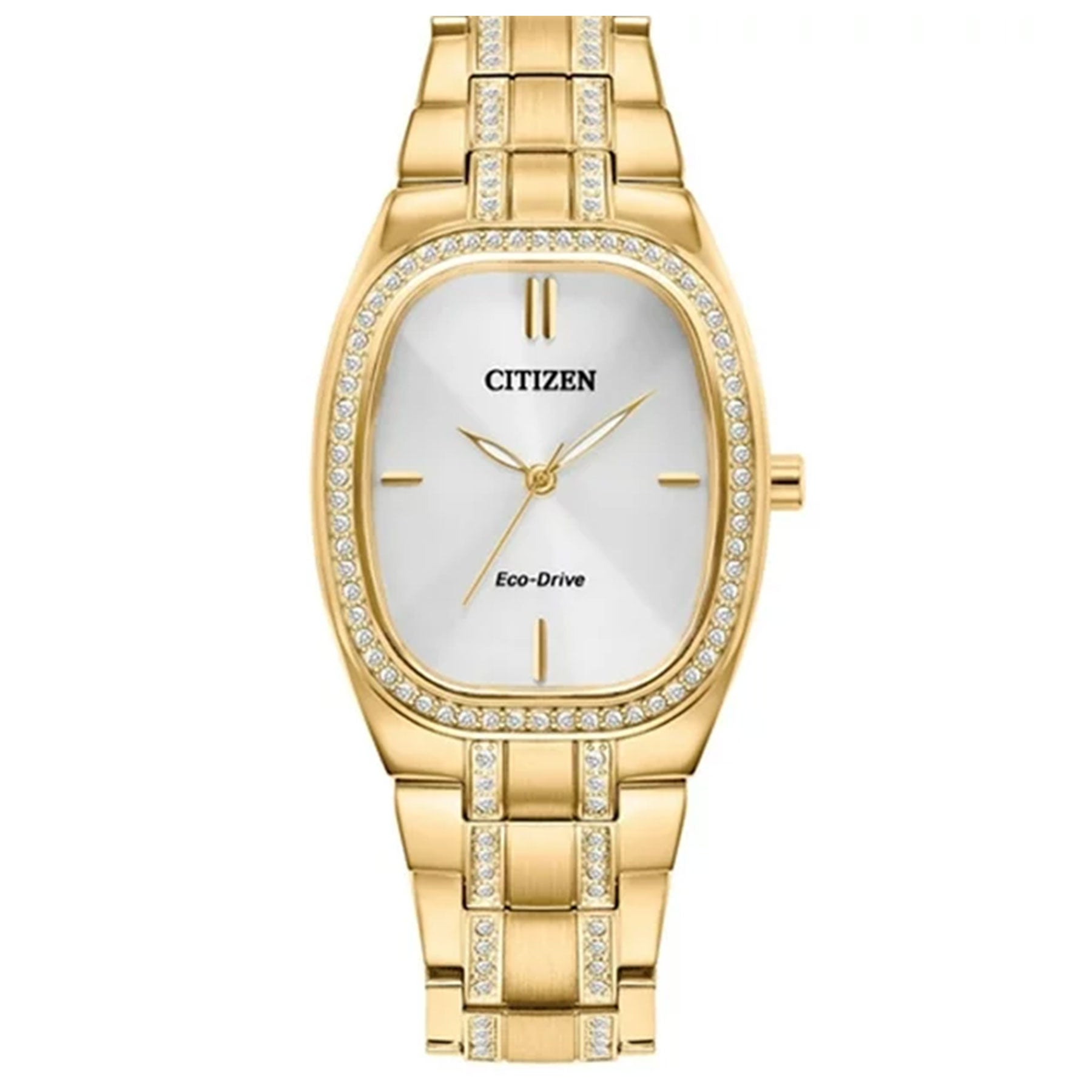 The CITIZEN Crystal Eco-Drive 28mm Watch features a gold-tone stainless steel design with a rectangular face bordered by small crystals. The bracelet gleams with a polished finish, highlighted by two rows of crystals on the center links, which enhance its minimalist style and slender hands, creating a stunning crystal timepiece.