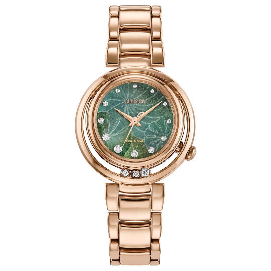 The CITIZEN L Arcly Eco-Drive 29.8mm Watch is a sustainable luxury creation, featuring a rose gold-tone and green floral-patterned dial. Adorned with small diamond markers and three larger ones at the 6 o'clock position, it boasts a linked metal band. The Eco-Drive technology ensures elegance and reliability, while the "CITIZEN" name enhances its face with distinction.