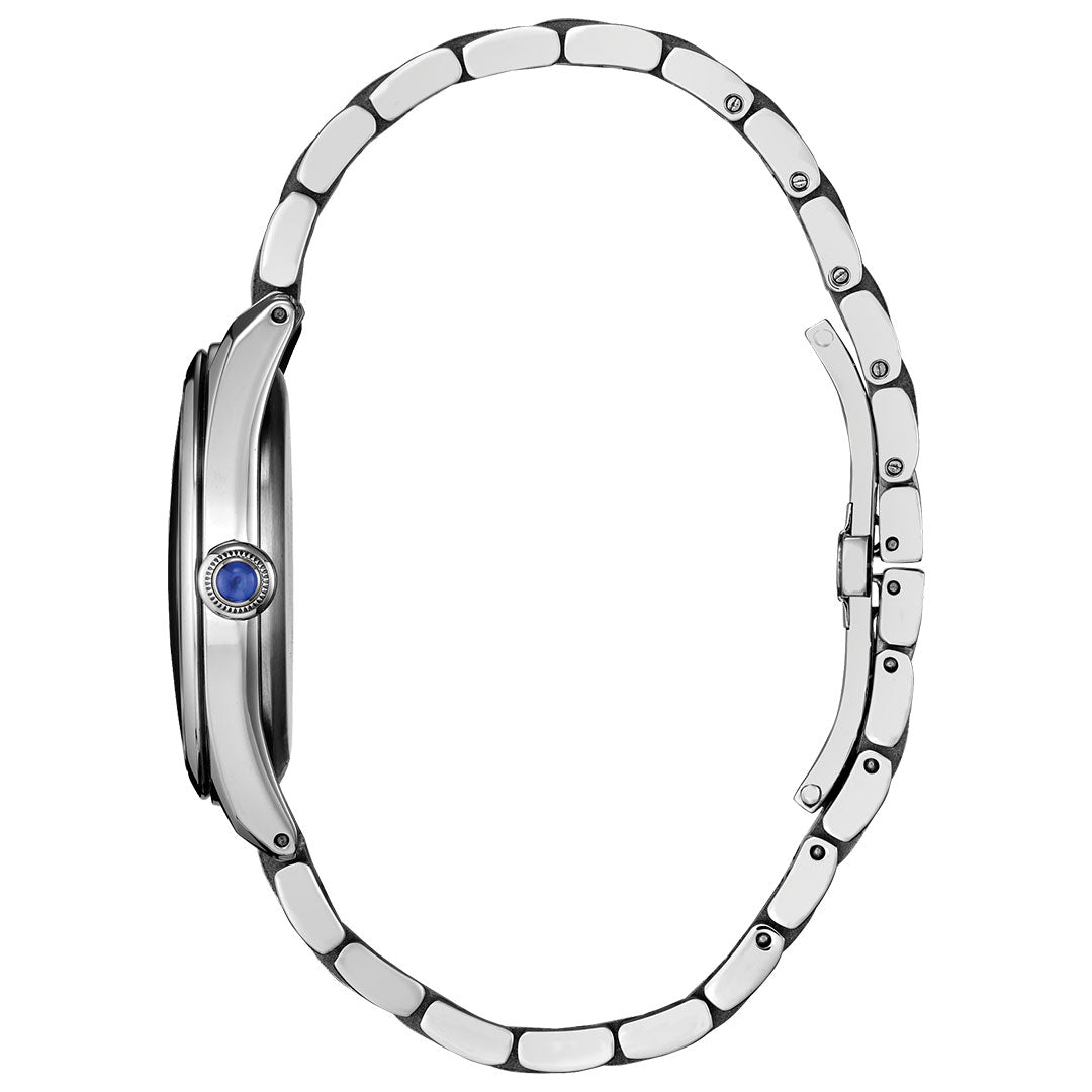 Side view of the CITIZEN Classic L Eco-Drive 33mm women's stainless steel watch with a metal link band and blue gem crown, set against a white background.