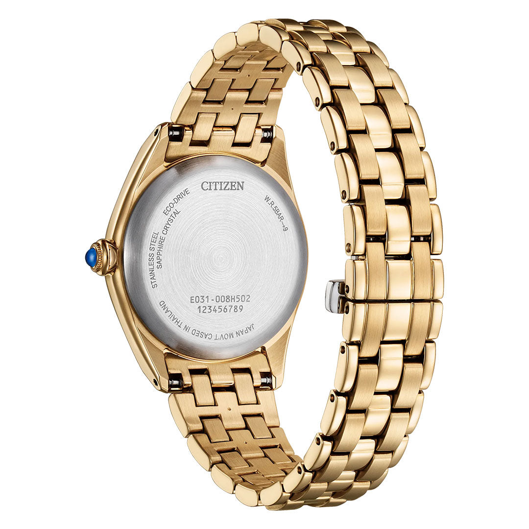 The CITIZEN L Classic Eco-Drive 33mm Watch features a gold-tone stainless steel case, metal link band, engraved back with model info, and a crown adorned with a blue accent.