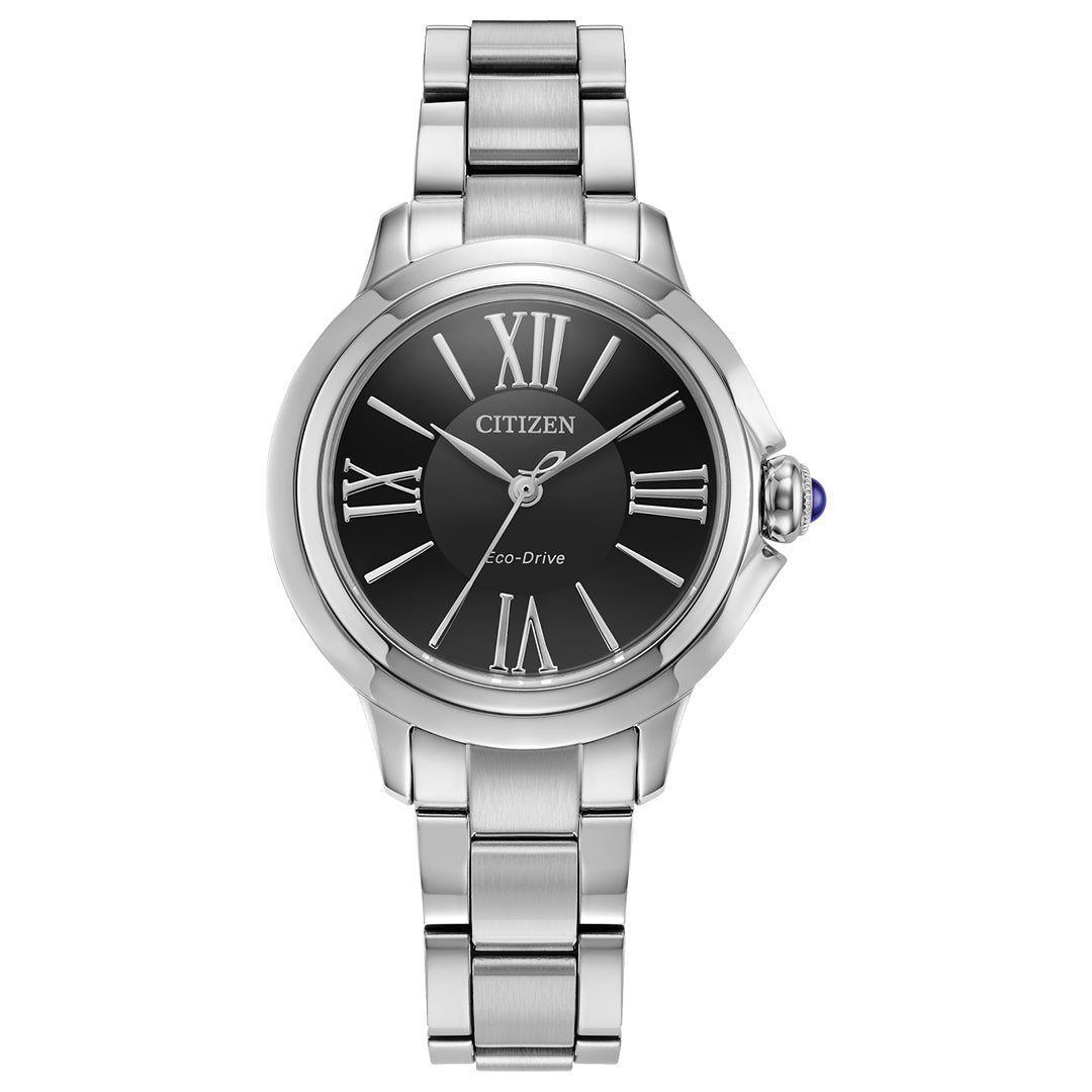 The CITIZEN Le L Ceci Eco-Drive 31.5mm watch features a black dial with Roman numerals, "Citizen" branding, and sustainable technology. Its stainless steel bracelet and adjusting crown with a blue detail make it an elegant choice for women.