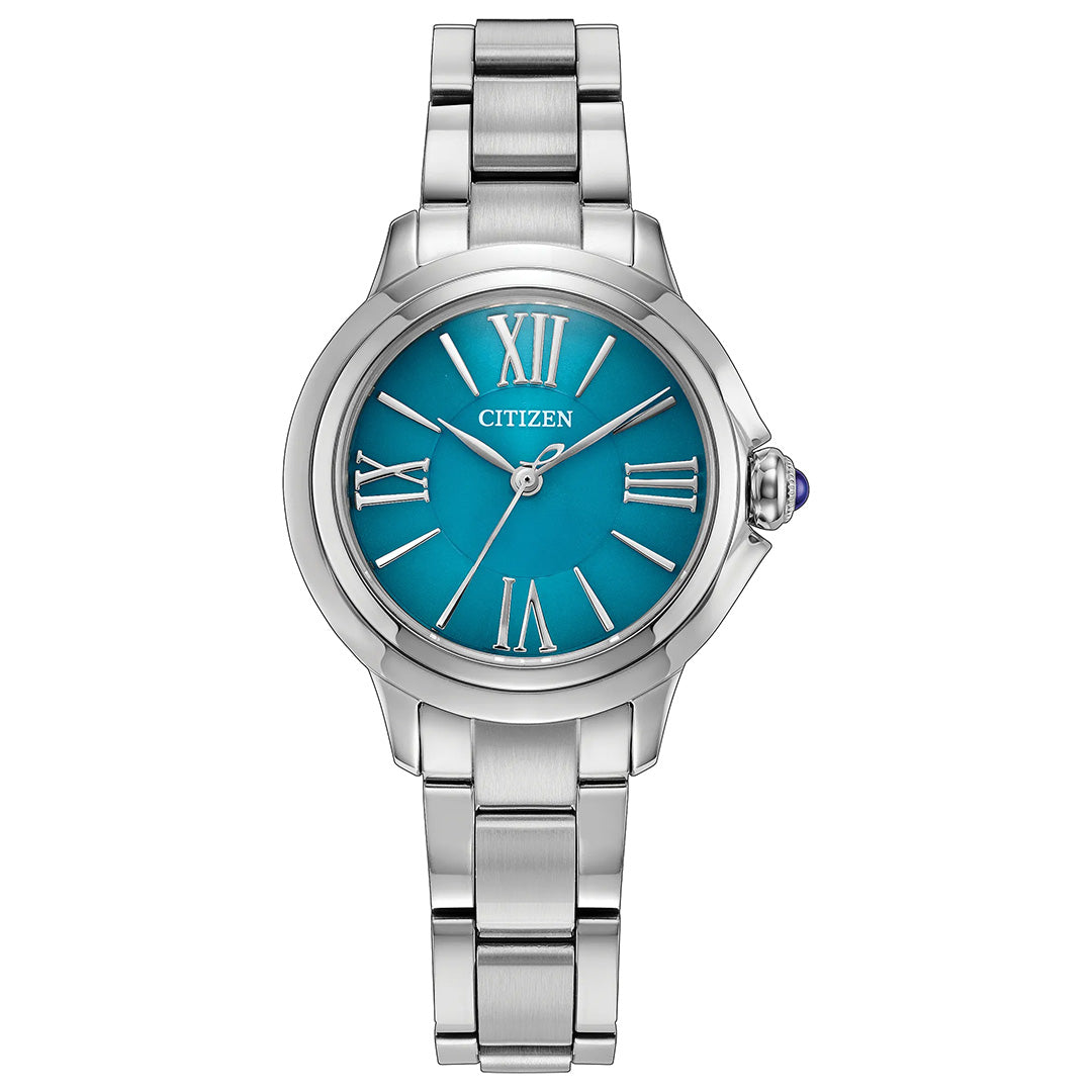 The CITIZEN Le L Ceci Eco-Drive 31.5mm Watch features a stainless steel, silver-tone case and metal link band, complemented by a turquoise dial with Roman numeral hour markers. A blue accent on the crown highlights the elegant design of this CITIZEN timepiece.