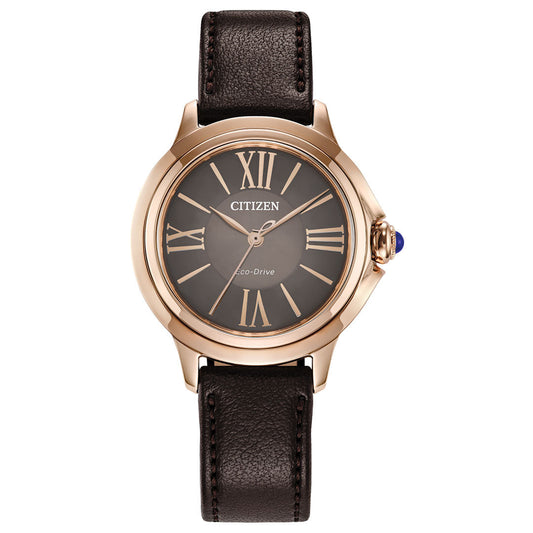 The CITIZEN L Ceci Eco-Drive 32mm Watch features a rose gold case, brown leather strap, dark brown dial with gold Roman numerals, and a blue-accented crown—an elegant women's timepiece from CITIZEN.