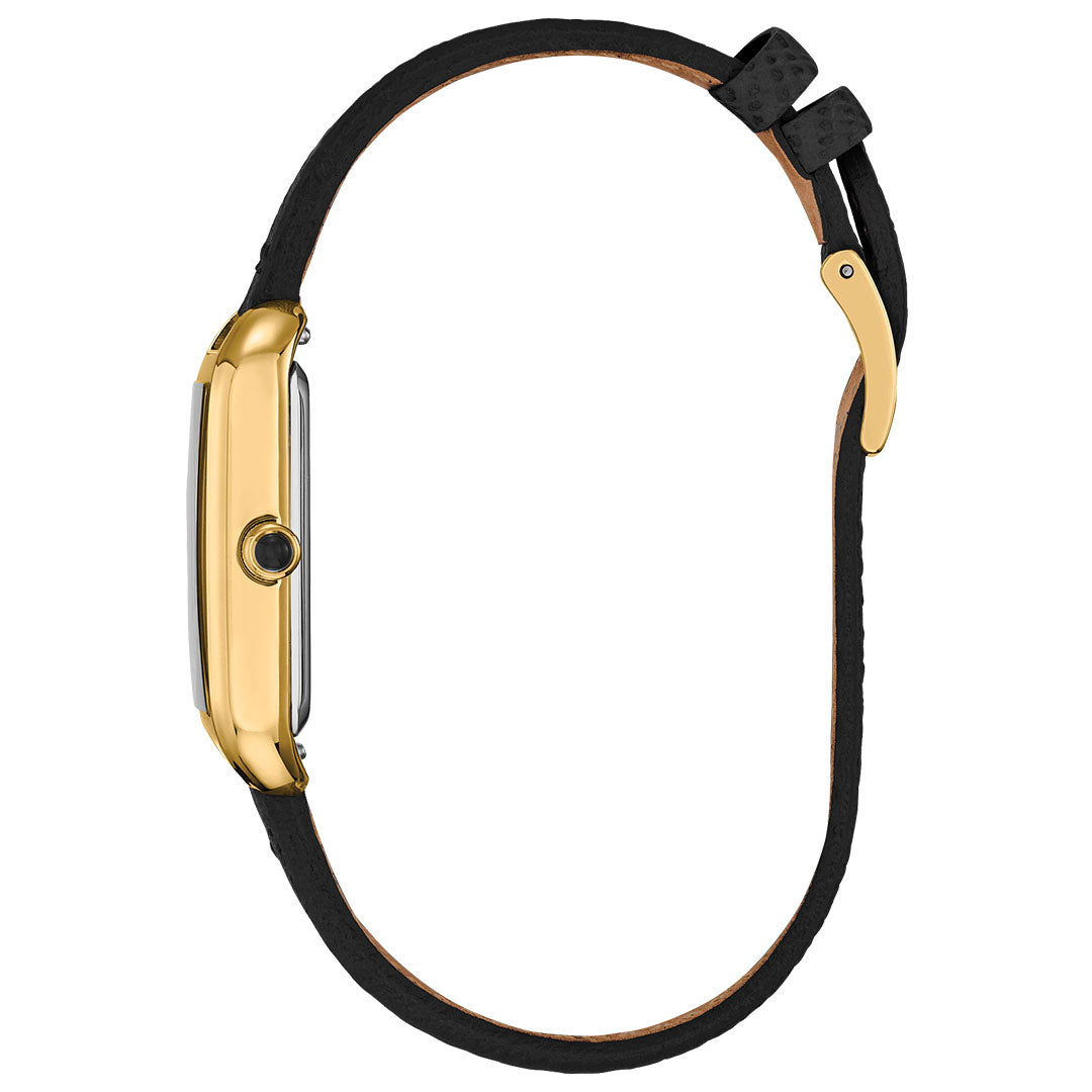 Side view of the CITIZEN Dress Classic Eco-Drive 23.5mm Watch, featuring a yellow gold-tone stainless steel case, black crown, and black leather strap with buckle—showcasing its slim profile and minimalist dial.