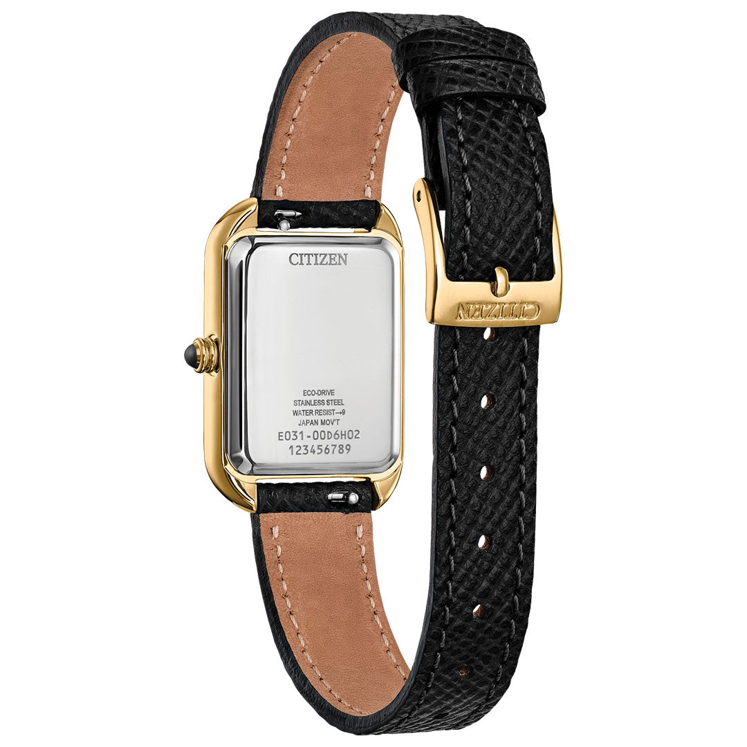 A close-up of the CITIZEN Dress Classic Eco-Drive 23.5mm Watch shows its rectangular yellow gold-tone stainless steel case, black textured leather strap with gold buckle, and engraved model details on the back.