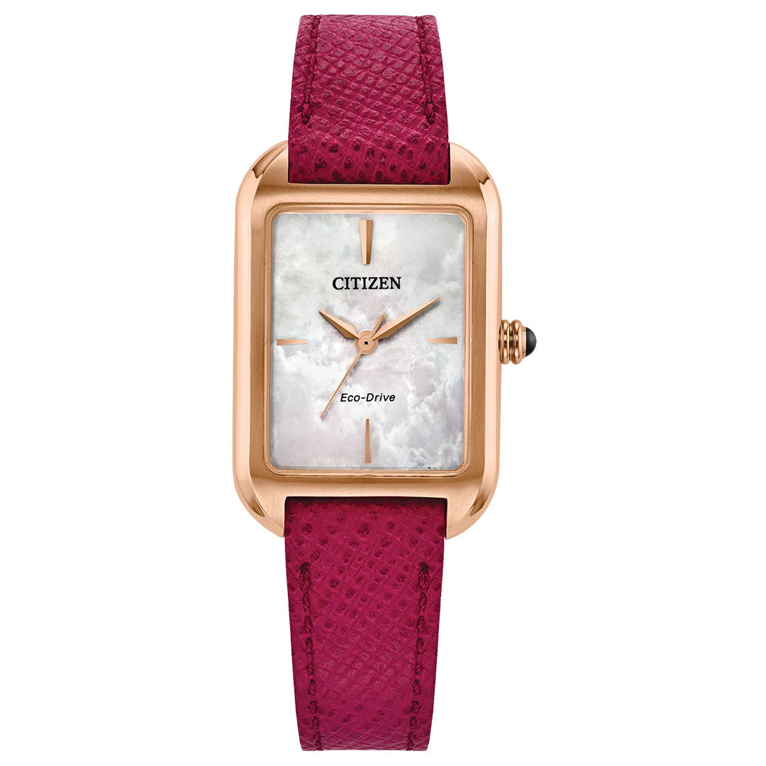 The CITIZEN Dress Classic Eco-Drive 23.5mm Watch features a rectangular rose gold-tone case, mother-of-pearl dial with minimal markers, "Citizen" and "Eco-Drive" text, and a textured magenta leather strap.