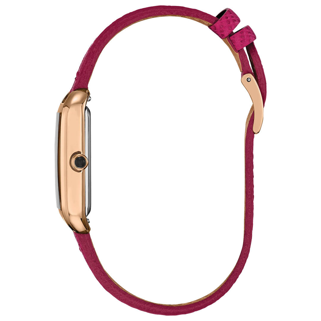Side view of the CITIZEN Dress Classic Eco-Drive 23.5mm Watch showcases its rose gold-tone case and fuchsia pink leather strap, emphasizing the slim profile and elegant buckle detail.