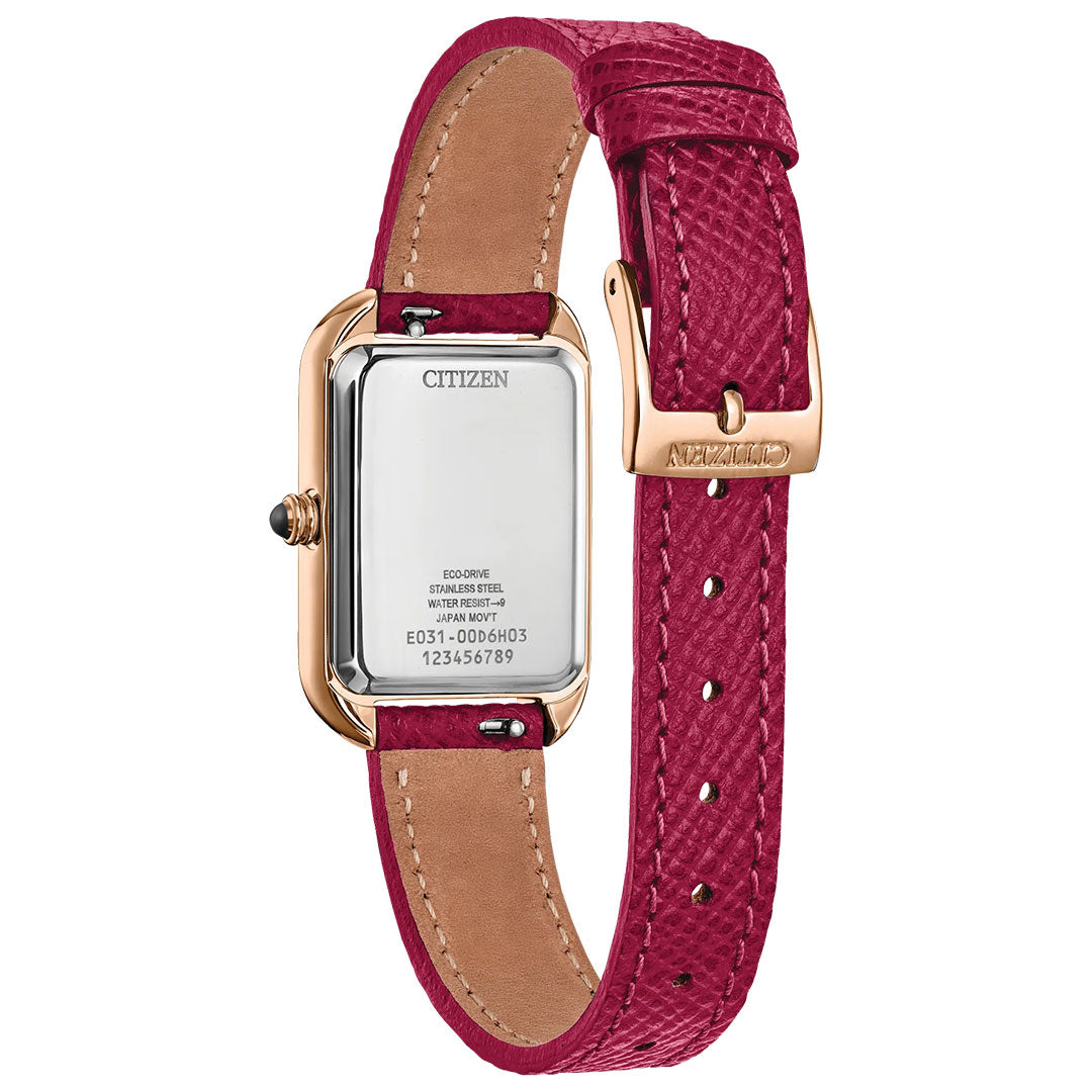 The CITIZEN Dress Classic Eco-Drive 23.5mm Watch features a rectangular stainless steel back, rose gold-tone case, and bright red textured leather strap with matching buckle. Visible engravings and stitching add to its elegant design.