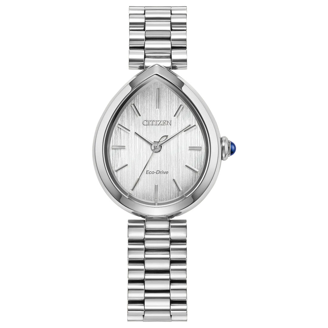 The CITIZEN L Rainell Eco-Drive 26mm Watch by CITIZEN features a silver-tone stainless steel case, teardrop-shaped face, minimal hour markers, three hands, a metallic link band, and a blue crown accent on the right side.