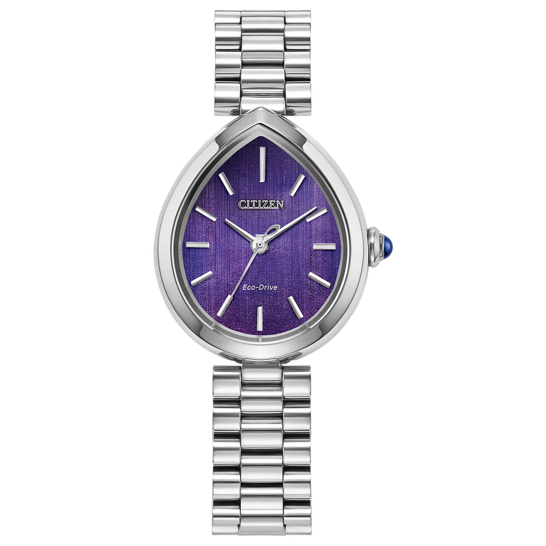 The CITIZEN L Rainell Eco-Drive 26mm Watch features a silver-tone stainless steel teardrop-shaped case, metallic link band, purple face with silver markers and hands, and a blue-accented crown.