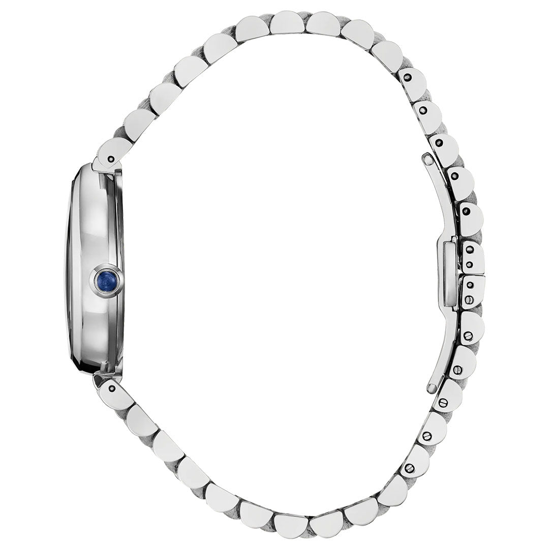 Side view of the CITIZEN L Rainell Eco-Drive 26mm Watch by CITIZEN, featuring a stainless steel, round linked band and blue gem in the crown, highlighting elegant craftsmanship. The watch face is not visible.