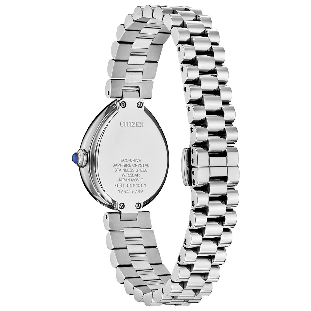 Back view of the CITIZEN L Rainell Eco-Drive 26mm Watch by CITIZEN, featuring a stainless steel silver link bracelet, sapphire crystal, round case, and engraved model details on the case back.