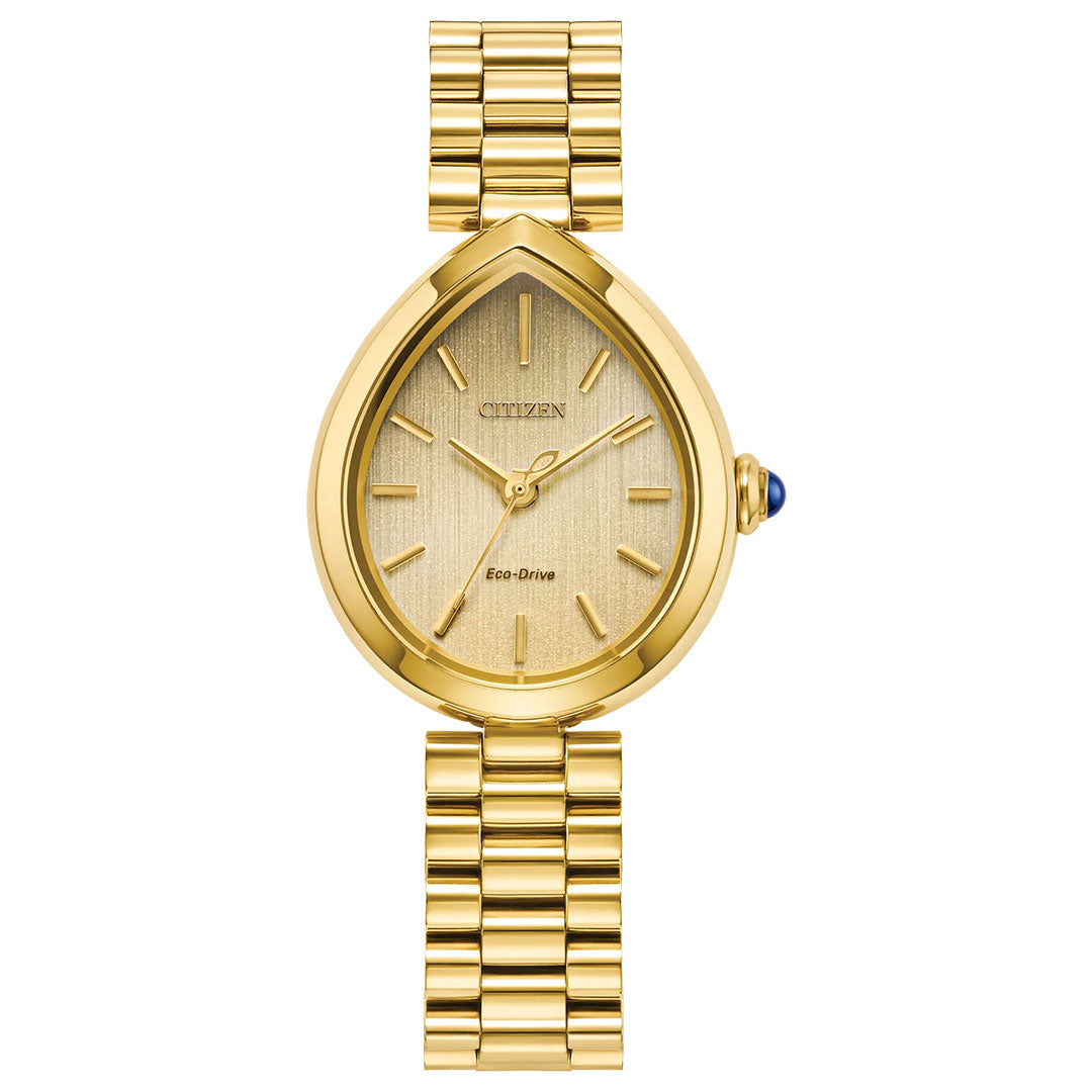 The CITIZEN L Rainell Eco-Drive 26mm Watch features a gold-tone linked bracelet, teardrop-shaped face, blue-accented crown, and "Citizen" with "Eco-Drive" on the dial. Powered by CITIZEN’s Eco-Drive technology.