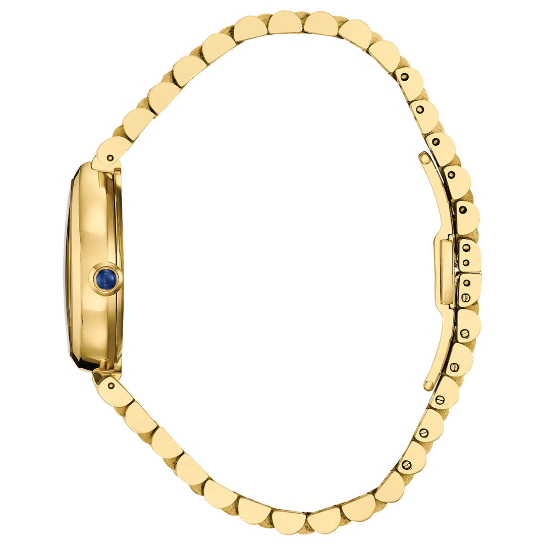 The CITIZEN L Rainell Eco-Drive 26mm Watch by CITIZEN features a gold-tone stainless steel link band and a blue gemstone set into the crown, shown here in side profile.