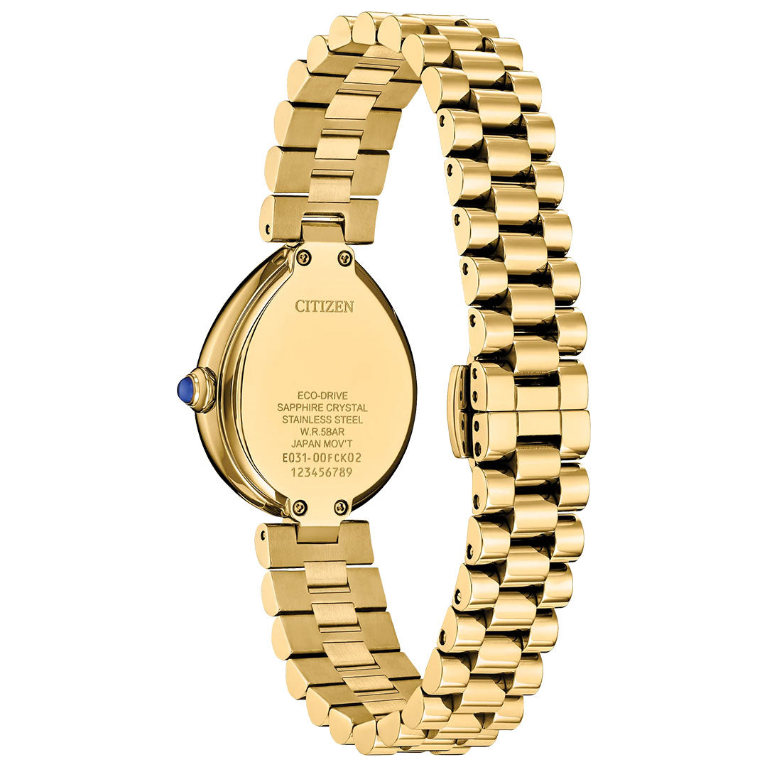 The CITIZEN L Rainell Eco-Drive 26mm women's watch is shown from the back, displaying its shiny gold-tone link band, engraved case details, blue crown, and reliable Eco-Drive technology.