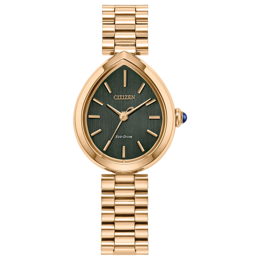 The CITIZEN L Rainell Eco-Drive 26mm Watch features a gold-tone teardrop case, green brushed dial with gold markers and hands, gold link bracelet, and a blue-accented crown.