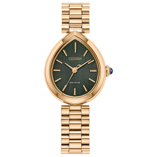 The CITIZEN L Rainell Eco-Drive 26mm Watch features a gold-tone teardrop case, green brushed dial with gold markers and hands, gold link bracelet, and a blue-accented crown.
