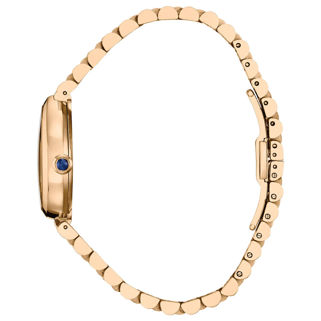 The CITIZEN L Rainell Eco-Drive 26mm Watch is shown in profile, highlighting its rose gold-tone case, round blue crown, and linked gold bracelet with clasp, set against a white background.