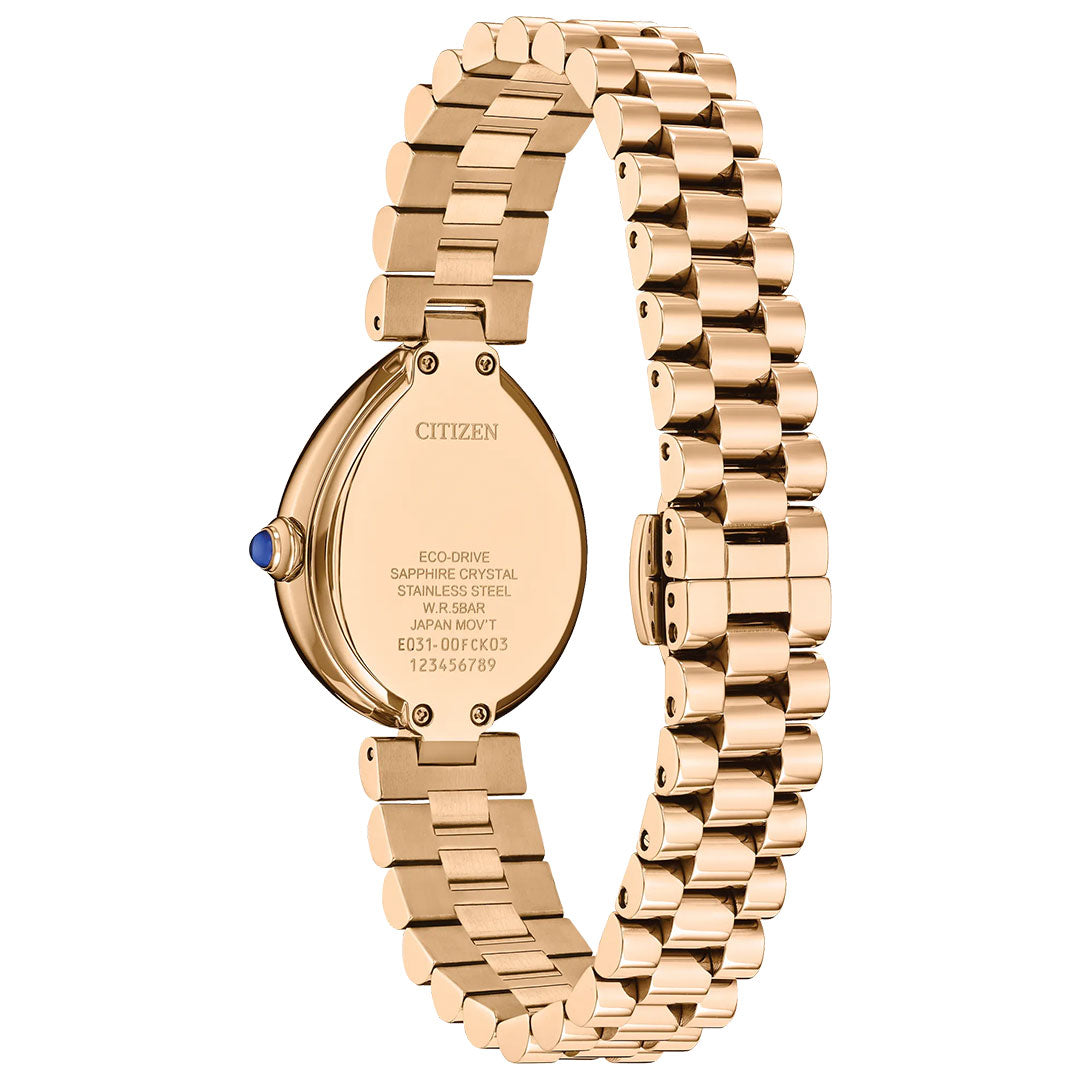 The CITIZEN L Rainell Eco-Drive 26mm Watch is pictured from the back, highlighting its round case, metal link bracelet, blue cabochon crown, and engraved Eco-Drive model details on the case back.