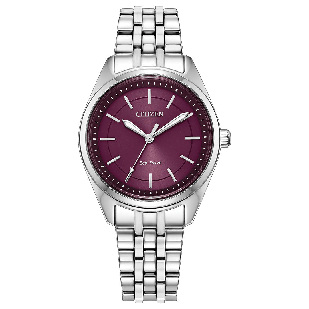 The CITIZEN Peyten Eco-Drive 30mm Watch is a silver wristwatch with a metallic band and an eye-catching raspberry dial, accented by silver hour markers and hands, and displays the words “CITIZEN” and “Eco-Drive” on the face.