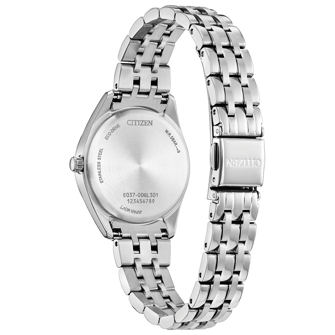 The back view of the CITIZEN Peyten Eco-Drive 30mm Watch highlights its engraved stainless steel case back with model and serial numbers, a secure clasp, and a linked bracelet—an elegant testament to CITIZEN’s commitment to sustainable style.