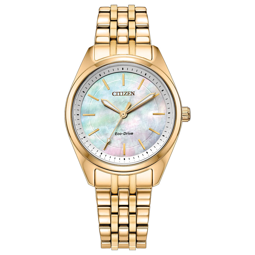 The CITIZEN Peyten Eco-Drive 30mm Watch features sustainable elegance with its yellow gold-tone stainless steel link band and a round, iridescent mother-of-pearl dial accented by gold hour markers and hands.