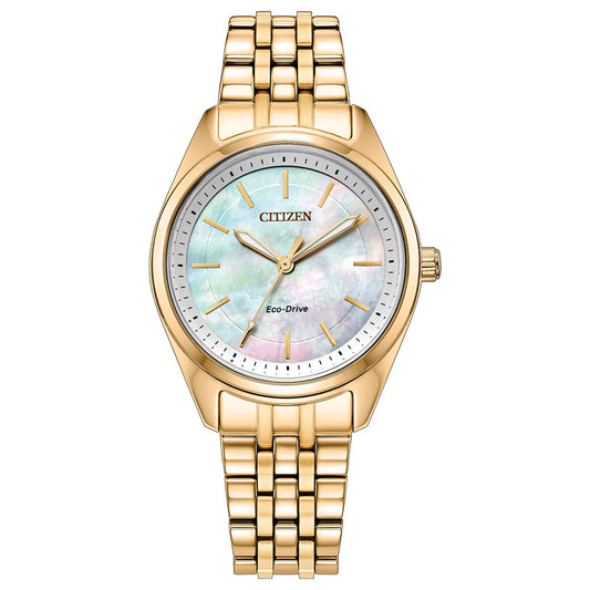 The CITIZEN Peyten Eco-Drive 30mm Watch features sustainable elegance with its yellow gold-tone stainless steel link band and a round, iridescent mother-of-pearl dial accented by gold hour markers and hands.