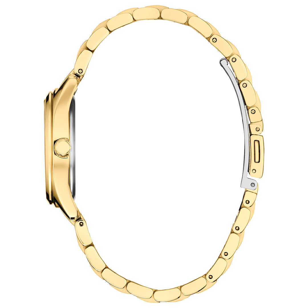 Side view of the CITIZEN Peyten Eco-Drive 30mm Watch, a gold-tone stainless steel timepiece with a round face and linked bracelet band, highlighting the crown, clasp, and the slim sustainable profile crafted by CITIZEN.