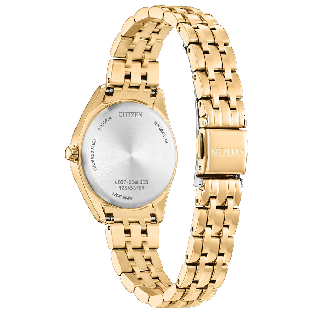 The CITIZEN Peyten Eco-Drive 30mm Watch features a linked band and is shown from the back, displaying its stainless steel case back with model and serial numbers. The clasp bears the CITIZEN logo, underscoring the brand’s dedication to sustainable design through its advanced Eco-Drive technology.